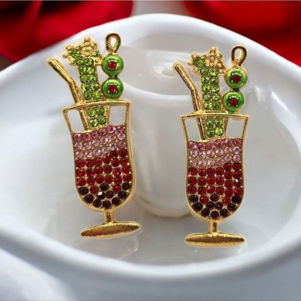 Bloody Mary Cocktail Rhinestone Earrings Jewelry Summer Bar Drinks Cruise Vacay